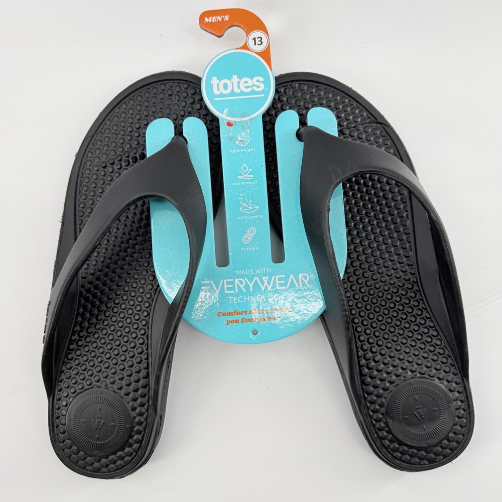 Totes Mens 13 Flip Flop Black Everywear Ara Thong Waterproof Lightweight Sandals